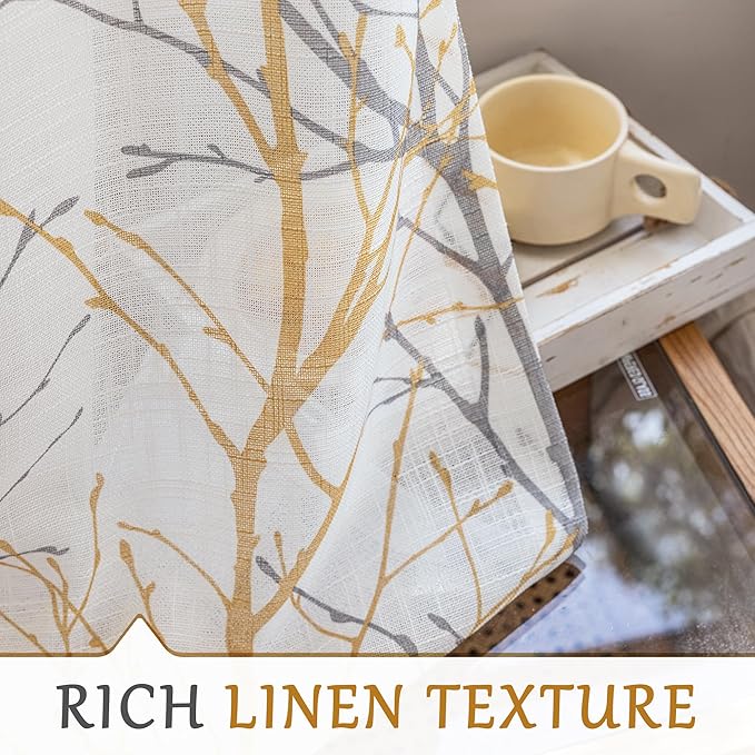 FMFUNCTEX Yellow Grey Tree Curtain for Patio Sliding Door 100 Inch Extra Wide Curtains 96 Inches Long Sliding Door Panel Branch Print Linen Textured Privacy Semi Sheer Curtain Drapes 1 Panel