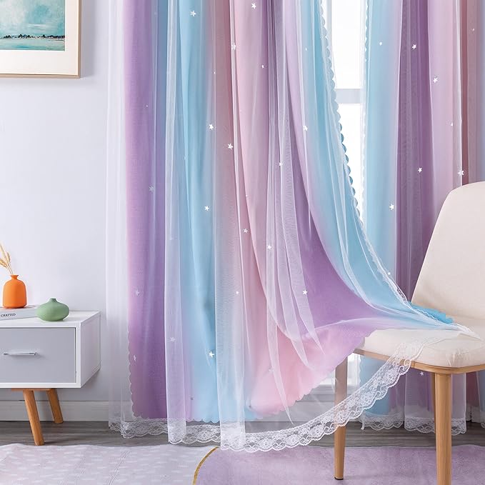 XiDi Curtains for Bedroom Decor, Rainbow Pink Purple/52/90