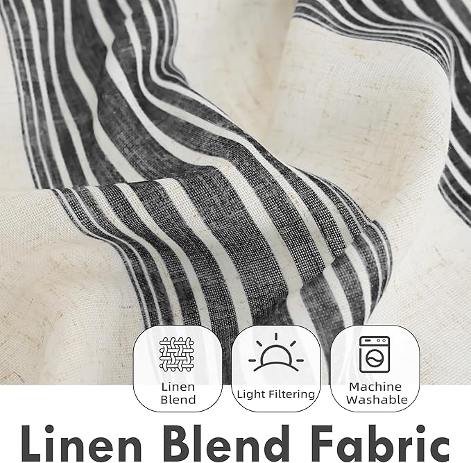 DriftAway Farmhouse Vertical Striped Linen Blend Textured Light Filtering Semi Sheer Curtains for Living Room Bedroom 63 Inches Long Drapes 2 Panels Broad Striped Black