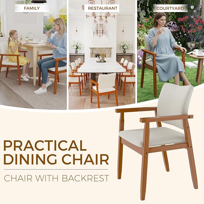 thksbought Mid Century Modern Walnut Dining Chairs Wood Arm Beige Fabric Kitchen Cafe Living Room Decor Furniture