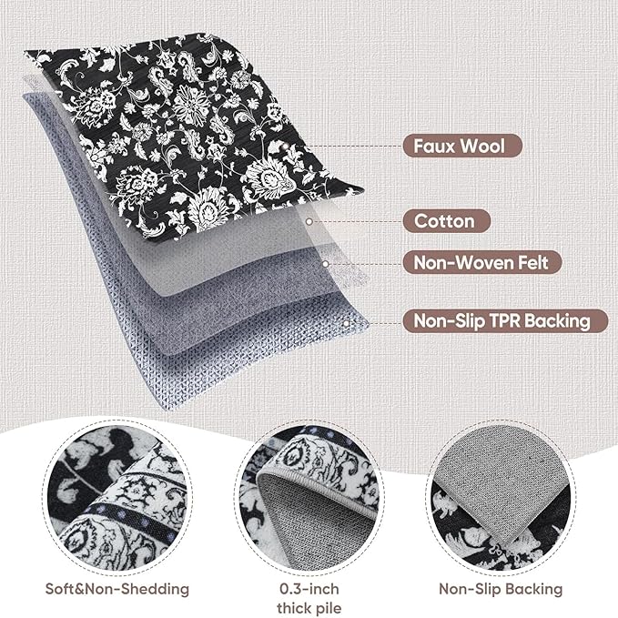 3x6 Washable Floral Runner Rug: Runners for Hallways Non Slip Indoor Rugs Low Pile Kitchen Runner Ultra Soft Vintage Rug Floor Carpet for Bedroom Living Room Dining Bathroom Black White