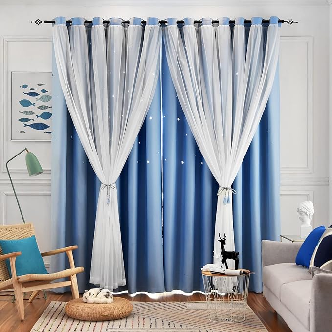 Stars Double Layer Blackout Curtains for Bedroom Kids, 72 Inches Long 2 Panels Set, Blue, 52 X 72 Inches