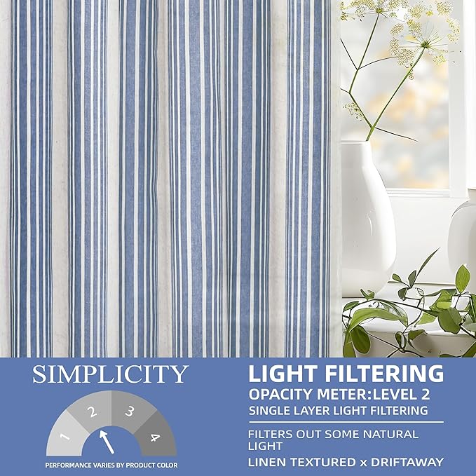 DriftAway Farmhouse Vertical Striped Linen Blend Textured Light Filtering Semi Sheer Curtains for Living Room Bedroom 54 Inches Long Drapes 2 Panels Broad Striped Jean Navy
