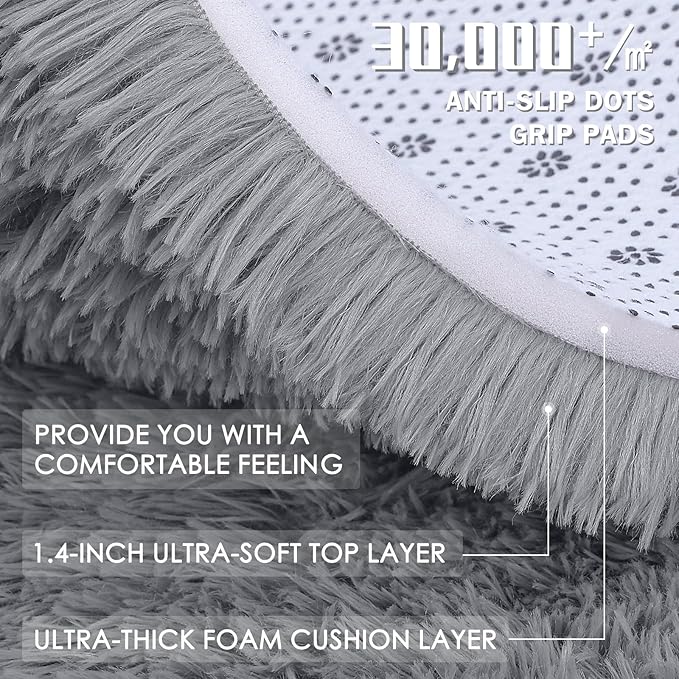 OLANLY Light Grey Round Rugs for Bedroom - Machine Washable, 5 ft Circle Area Rugs for Living Room, Soft and Fluffy Shaggy Carpet for Teen Girls and Boys, Nursery Rooms, Dorms, Home Decor Aesthetic