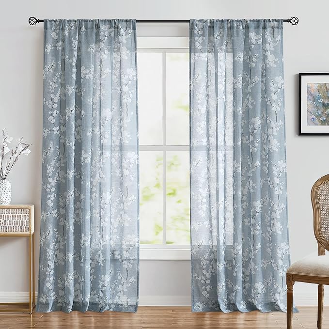 FMFUNCTEX Linen Sheer Curtains for Bedroom, Blue White Blossom Print Curtains 96 Inches Long for Living Room,Floral Patterned Farmhouse Curtain Light Filtering Window Drapes 2 Panels, Rod Pocket