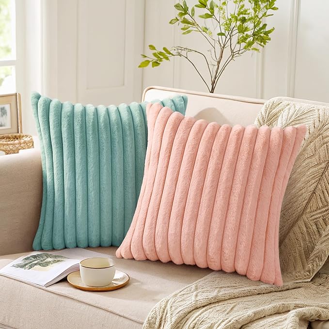 Pallene Faux Fur Plush Throw Pillow Covers 26x26 Set of 2, Luxury Soft Fluffy Striped Decorative Pillow Covers for Sofa, Couch, Living Room, Pink