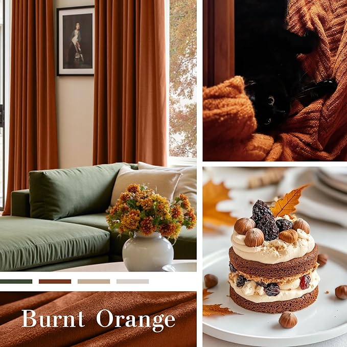 Lazzzy Velvet Blackout Curtains Thermal Insulated Room Window Drapes Super Soft Luxury Curtains for Living Room Bedroom Rod Pocket 2 Panels, Burnt Orange, 52" W x 63" L