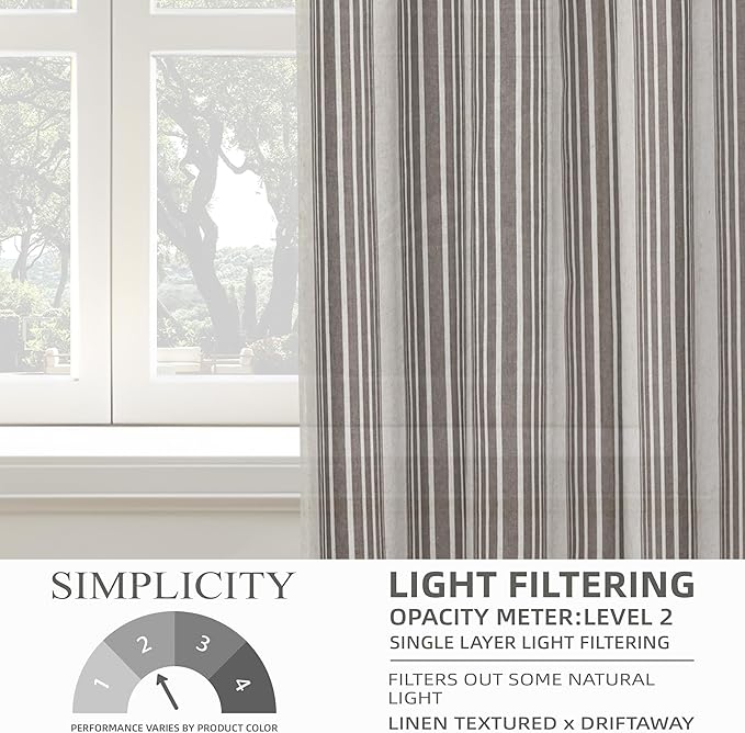 DriftAway Farmhouse Vertical Striped Linen Blend Textured Light Filtering Semi Sheer Curtains for Living Room Bedroom 96 Inches Long Drapes 2 Panels Broad Striped Gray