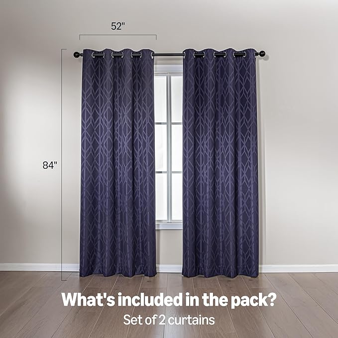 Amazon Basics Jacquard 2-Piece 100% Blackout Curtains, Living Room and Bedroom Drapes, Thermal Insulated Window Treatment, 52"x84", Dark Blue