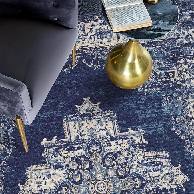 vivorug Round Rug 4ft Vintage Round Area Rug Non-Slip Indoor Carpet for Living Room Bedroom Entryway, Stain Resistant Home Decor Circle Rug, Navy Blue