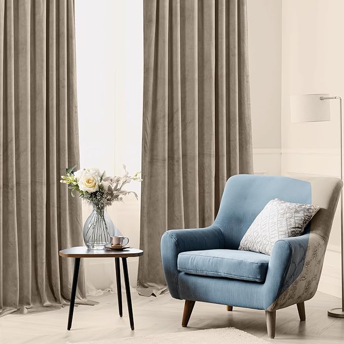 StangH Camel Beige Velvet Bedroom Curtains - Room Darkening Decorative Window Curtains 96 inches Heavy Duty Summer Heat Blocking Drapes for Hotel/Farmhouse, W52 x L96, 2 Panels