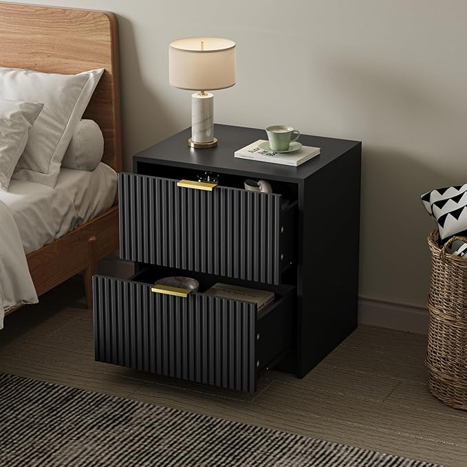 3-Piece Dresser Bedroom Set, 9 Drawer Dresser & 2 Drawer Nightstands with Gold Handles, Fluted Wood Chest of Drawers for Bedroom, Living Room, Entryway, Black