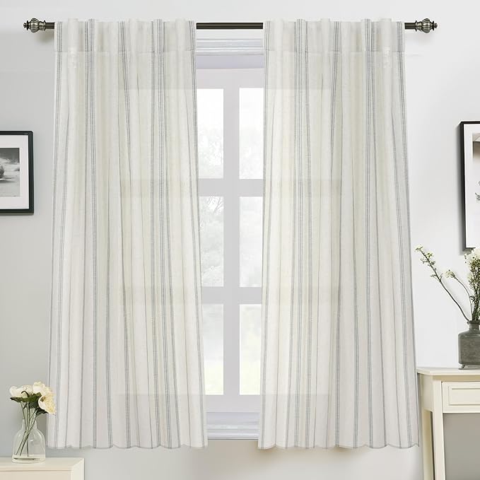 DriftAway Farmhouse Vertical Striped Linen Blend Textured Light Filtering Semi Sheer Curtains for Living Room Bedroom 54 Inches Long Drapes 2 Panels Linen Gray