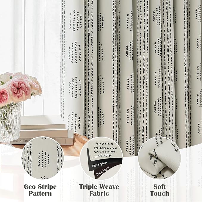 100% Boho Blackout Curtains 72 Inches Long for Bedroom, Black on Beige Patterned Bohemian Curtains for Living Room, Geometric Striped Thermal Insulated Window Drapes Gromment Top 2 Panels