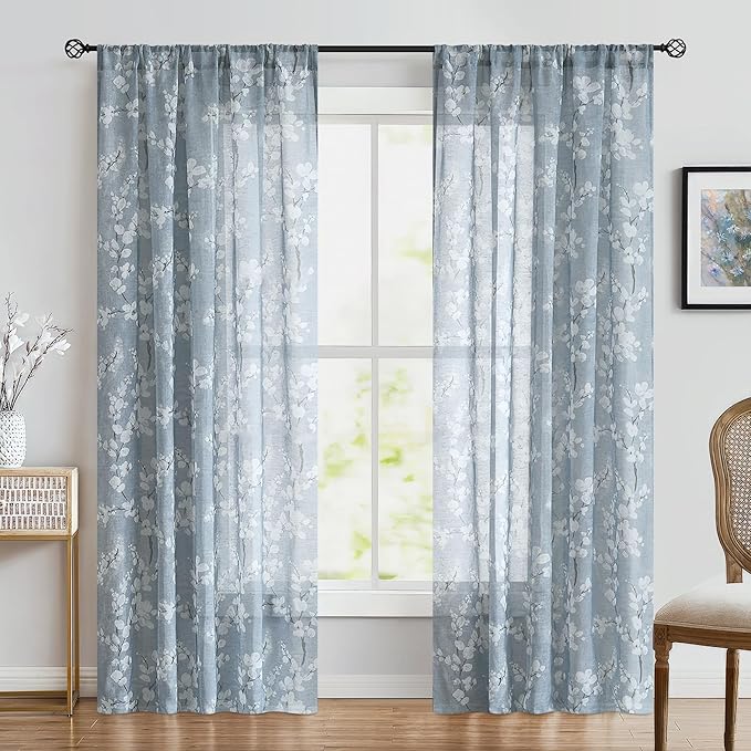 FMFUNCTEX Linen Sheer Curtains for Bedroom, Blue White Blossom Print Curtains 84 Inches Long for Living Room,Floral Patterned Farmhouse Curtain Light Filtering Window Drapes 2 Panels, Rod Pocket