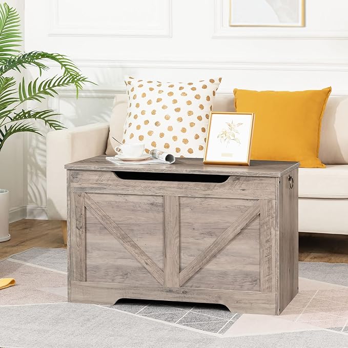 HOOBRO Storage Bench, 29.5” Retro Wooden Storage Chest with U-Shaped Cut-Out Pull, Safety Hinge, Supports 220 lb and Easy Assembly for Toy Box Organizer (Greige) BG77CW01