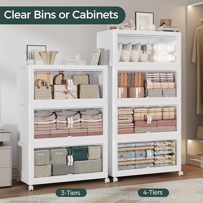 180Gal Stackable Storage Bins with Lid, 720Qt Extra Large Collapsible Storage Box with Doors and Wheels, Plastic Closet Organizer and Storage Cabinet Drawer for Home Kitchen, 6Pack White