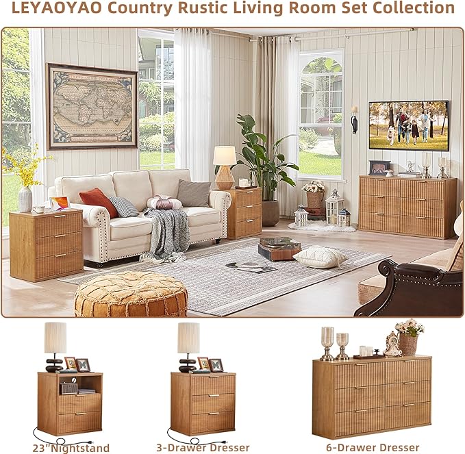 LEYAOYAO 48" Wide Fluted Dresser and 3 Drawers 23" Nightstand Set of 2, Wooden Dresser & Night Stand with Charging Station, 3 Piece Bedroom Furniture Set, Wood Chest of Drawer for Living Room,Brown