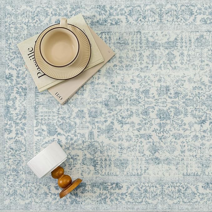 Blue Runner Rug 3x14 Hallway Machine Washable Kitchen Vintage Distressed Non Slip Long Carpet Indoor Retro Floral Bedroom Accent Throw Rug for Bathroom Office Laundry Dining Living Room