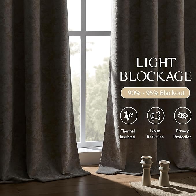 Beauoop Beige Floral Jacquard Blackout Curtains 96 Inches Long 2 Panels for Bedroom Living Room Taupe Flower Chenille Room Darkening Thermal Insulated Soundproof Grommet Window Treatments Drapes 52x96