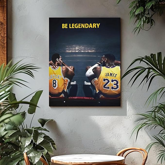 Kobe Bryant and LeBron James Canvas Wall Art Print Poster, Be Legendary Inspirational Sports Picture Artwork, Motivational Mamba Mentality Wall Decor for Home Office Gym Living Room, Framed 20x24inch