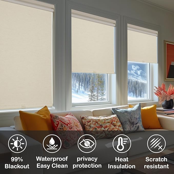 HESTIA No Drill Cordless Blackout Roller Shades Screwless Waterproof Shower Window Blinds, Auto-Retraction Easy Install Blind for Bedroom/Living Room/Kitchen, Cream Linen, 46.5" W x 72" H
