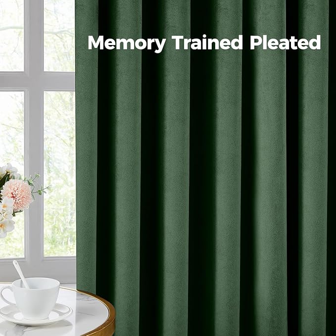 Pinch Pleated 100% Blackout Curtains for Bedroom, Olive Green Velvet Curtains for Living Room, Black Out Curtain 86 inch Long Room Darkening, Blackout Pinch Pleat Drapes with Hooks 2 Panels