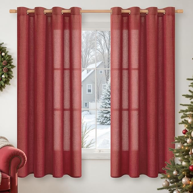YoungsTex Red Linen Curtains 68 Inch Length for Living Room, Light Filtering Window Drapes with Bronze Grommet Privacy Deorative for Bedroom, 52 x 68 Inch, 2 Panels