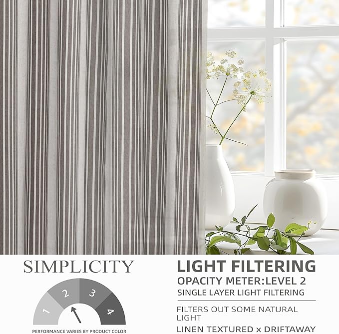DriftAway Farmhouse Vertical Striped Linen Blend Textured Light Filtering Semi Sheer Curtains for Living Room Bedroom 108 Inches Long Drapes 2 Panels Broad Striped Grey