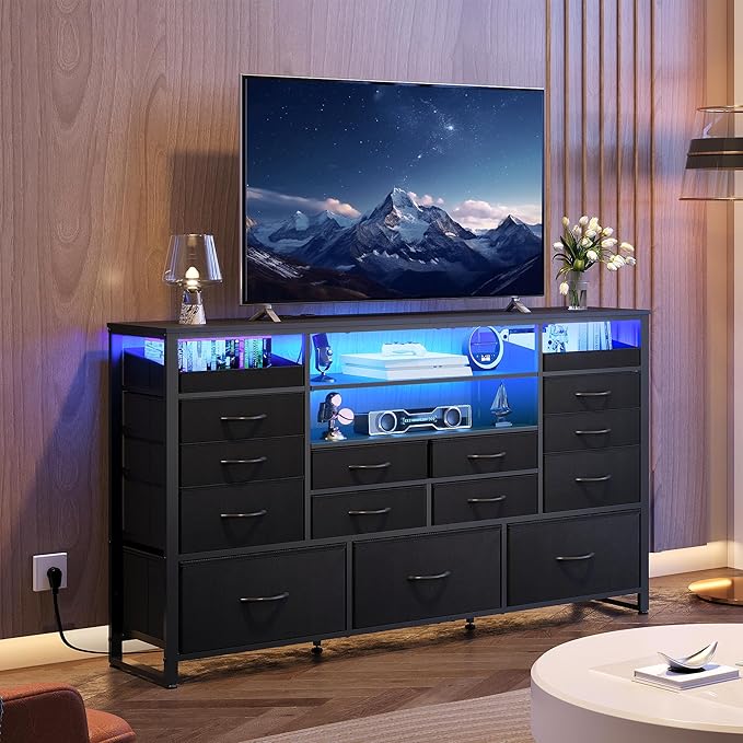 WLIVE Black TV Stand for 55, 60, 65 inch TV, Entertainment Center with LED Lights & Charging Station, TV Media Console Table with 15 Fabric Drawers and Open Shelves for Living Room, Hallway, Wood Topm
