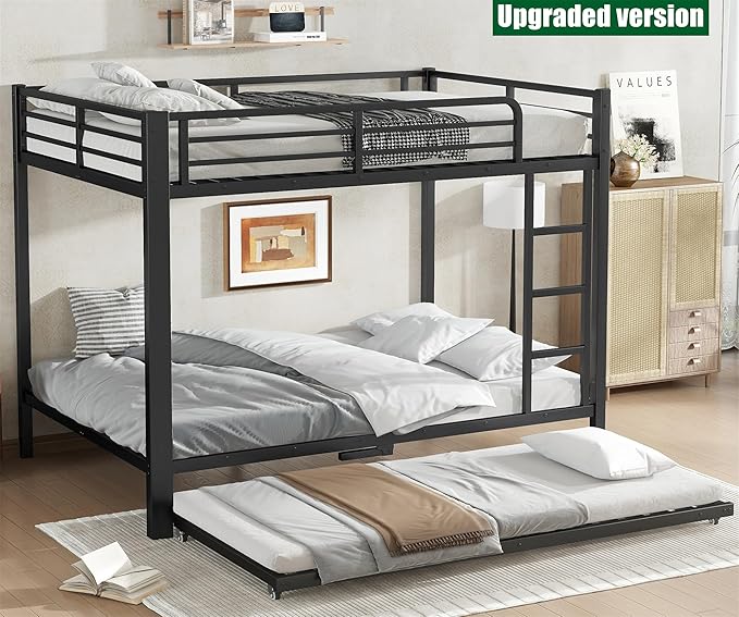 Upgraded & Stronger Heavy Duty Metal Full Over Full Bunk Bed with Trundle for Adults & Teens, Thickened More Stable Safer Bunkbeds (Greater Weight Capacity)