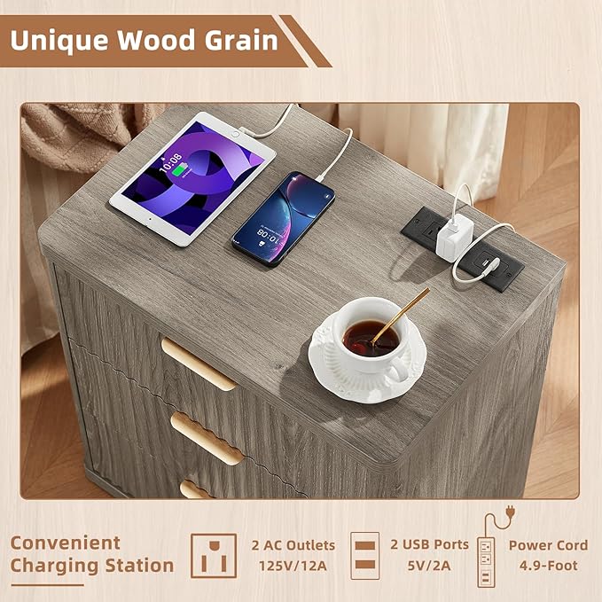 LEYAOYAO Fluted Dressers & Nightstand Set of 3, Wood 48" Wide Dresser & 42" Tall Chest of Drawers,Modern Bedroom Furniture Sets, Grey Wooden Nightstand with 3 Drawers & Charging Station