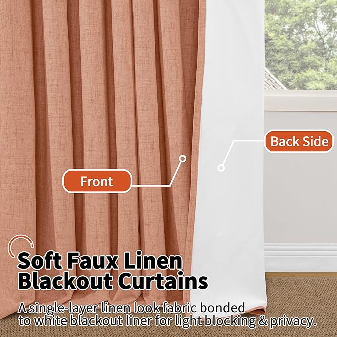 100% Linen Blackout Curtains for Bedroom Living Room 45 Inch Long 2 Panels, Thermal Insulated Light Blocking Soundproof Curtains, Noise Reducing Window Drapes 52x45 Inch 2 Panels, Terracotta