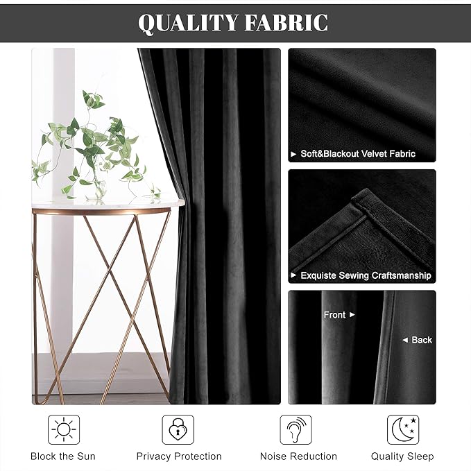 nanbowang Black Velvet Curtains - 42 Inches Width 63 Inches Long Soft Curtain Rod Pocket Thermal Insulated Window Treatment for Bedroom 2 Panels