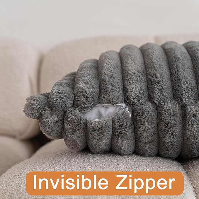 Double-Sided Faux Fur Plush Throw Pillow Covers 24x24 Set of 2 Fuzzy Striped Soft Cozy Pillowcase Luxury Decorative Pillows Square Shaggy Cushion Covers for Couch Sofa Bed,Dark Grey