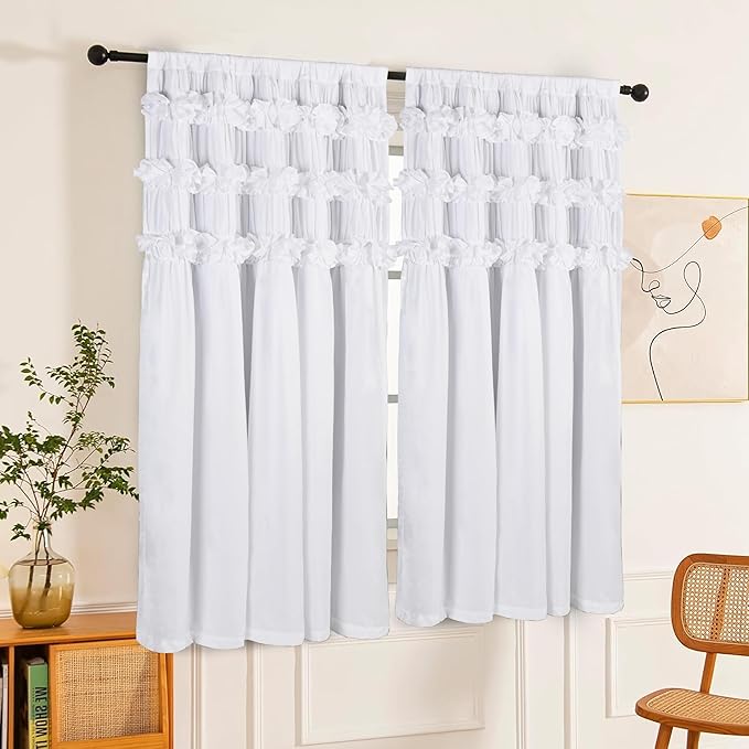 White Blackout Drapes - Handmade Ruffles & Butterfly Flower Accents Heat Blocking Window Curtain 42" W x 63" L (Pair) - Thermal Insulated, Soundproof & Light Reducing Curtains (LQ-37)