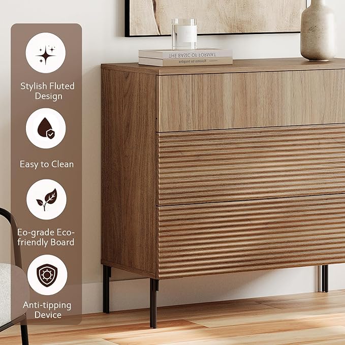 WAMPAT 94.5" W Fluted Dresser for Bedroom, Modern 9 Drawer Dresser TV Stand with Hidden Handles, Wooden Chest of Drawers Closet Clothes Storage Organizer for Bedroom, Living Room, Light Walnut