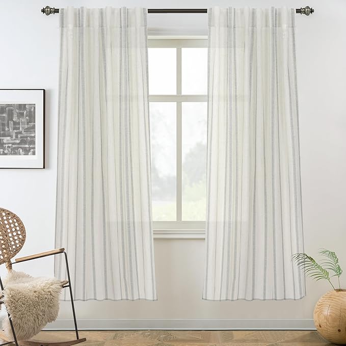 DriftAway Farmhouse Vertical Striped Linen Blend Textured Light Filtering Semi Sheer Curtains for Living Room Bedroom 63 Inches Long Drapes 2 Panels Linen Gray