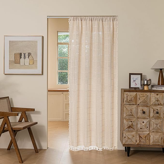 Sutuo Home Boho Door Window Curtains, Bohemian French Country Door Semi Blackout Curtains for Doorway Tassels Privacy Vintage Chic Stripes Decor, Rod Pocket 1 Panel 37" W x 80" L, Light Coffee Plaids