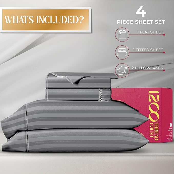 Mayfair Linen 100% Egyptian Cotton Sheets Queen Size - 1200 Thread Count 4 PC Damask Queen Sheet Set Egyptian Cotton, Sateen Luxury Sheet, High Thread Count Sheets, 17" Deep Pocket - Silver Stripe