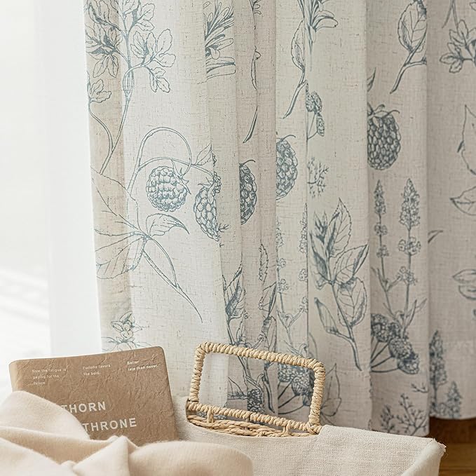 FMFUNCTEX Linen Curtains Floral Patterned Curtain for Bedroom Living Room, Blue Curtains 84 Inches Long Farmhouse, Light Filtering Beige Window Curtain Grommet Top 2 Panels Set