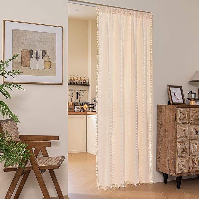 Sutuo Home Boho Sliding Door Curtains, Bohemian Semi Blackout Curtains Tassels Privacy Embroidery Stripes Decor Temporary Room Dividers for Door Window Hallway,Rod Pocket 1 Panel 37" W x 80" L,Beige