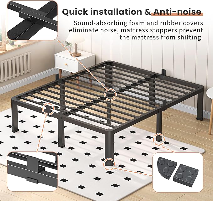 14 Inch Twin Heavy Duty 3500 lbs Bed Frame with Round-Corner Legs & Anti-Squeak Design – Quick Assembly Metal Platform, No Box Spring Needed