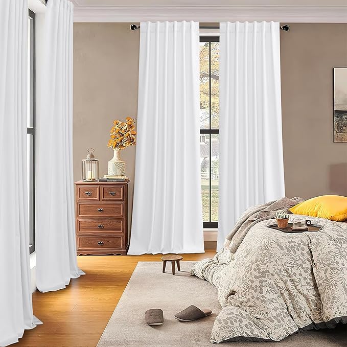 RYB HOME 100% Blackout White Velvet Curtains for Bedroom, Back Tab and Rod Pocket Thermal Insulated Room Darkening Curtains for Living Room Nursery, White, 52W x 108L, 2 Panels