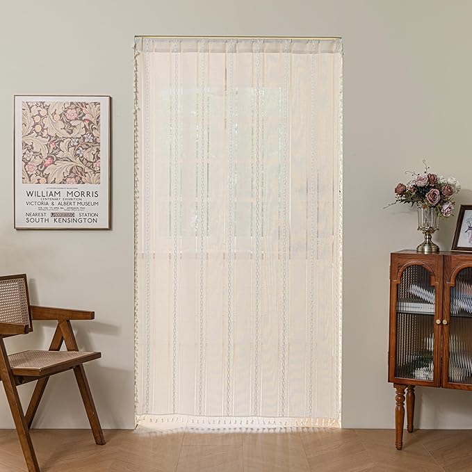 Sutuo Home Boho Door Curtains for Door Window, Bohemian Semi Blackout Curtains Tassels Privacy Vintage Chic Embroidery Long Stripes White Decor Window Treatments,Rod Pocket 1 Panel 37" W x 80" L,Ivory
