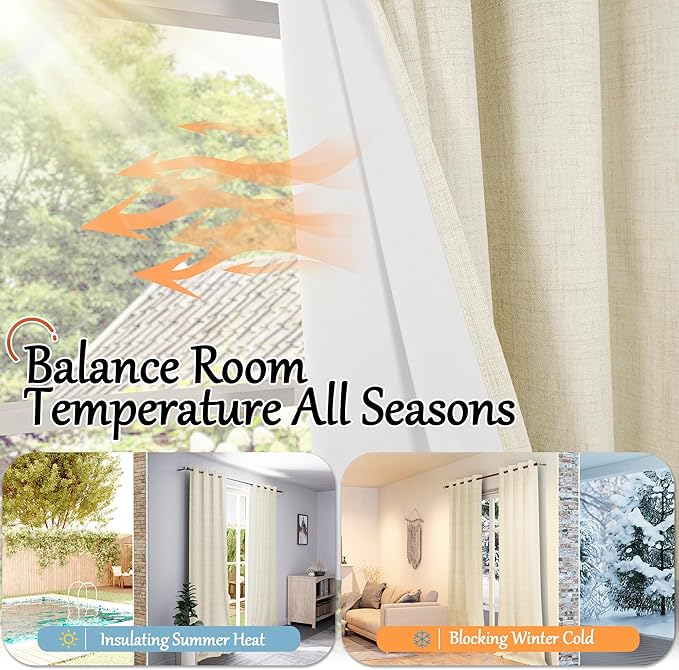 45 Inch Length Linen Blackout Curtains for Short Cafe Window, Thermal Insulated Light Blocking Soundproof Privacy Burlap Curtains 2 Panels, Each 38 Inch Wide Cream