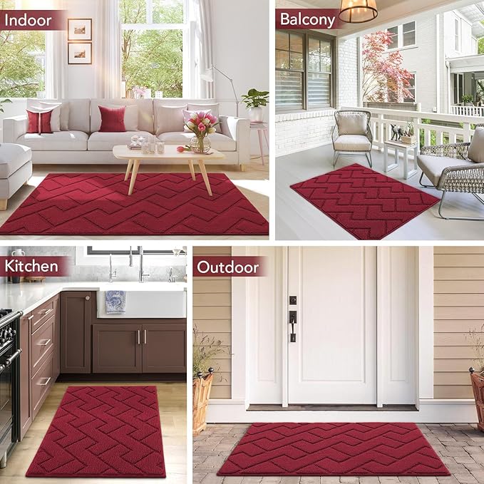 hicorfe Front Door Mat Outside Entrance,20"x31.5" Absorbent Muddy Dirt Resist Welcome Door Mats Outdoor Indoor,Stain and Fade Resistant,Non Slip Backing Entry Mat Doormat for Entryway(Red)