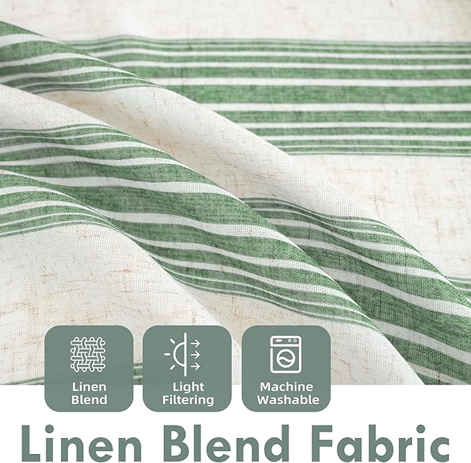 DriftAway Farmhouse Vertical Striped Linen Blend Textured Light Filtering Semi Sheer Curtains for Living Room Bedroom 108 Inches Long Drapes 2 Panels Broad Striped Linen Loden Green