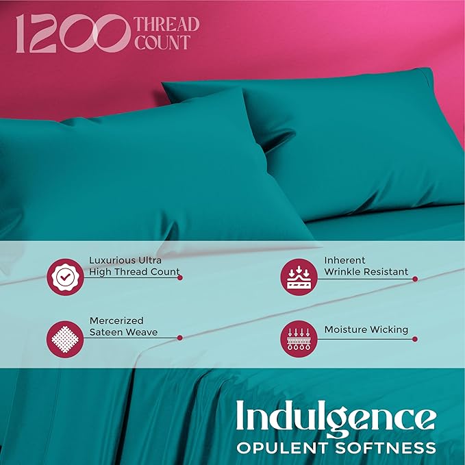 Mayfair Linen 100% Egyptian Cotton Sheets California King Size - 1200 Thread Count Cal King Size Sheets Set Egyptian Cotton, 4 PC Luxury Bedsheet (Teal), Soft, Cooling, 17" Deep Pocket Set