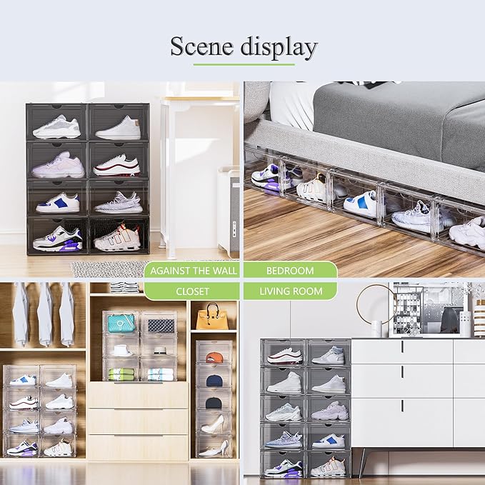 8 Pack XL Shoe Storage Box Organizer,Drop Side Large Shoe Boxes Clear Plastic Stackable Container,Magnetic Sneaker Display Case, Fit up to US 13(13.4”x 10.6”x 8.3”(8 Pack Black)